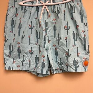 Ambsn California Teal Cactus/Turtle/Coyote Mens Large Graphic Print Swim Trunks